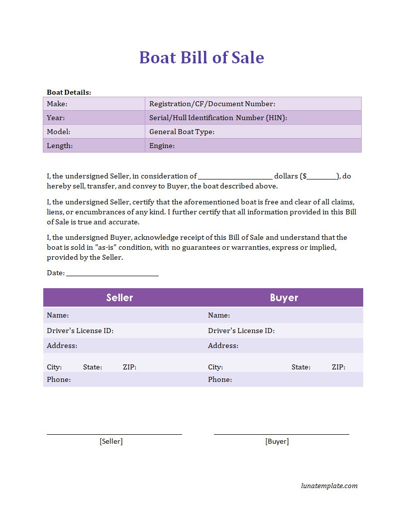 Boat bill of sale template with sections for the buyer and seller’s information, boat details like make, model, and year, and the agreed sale price.