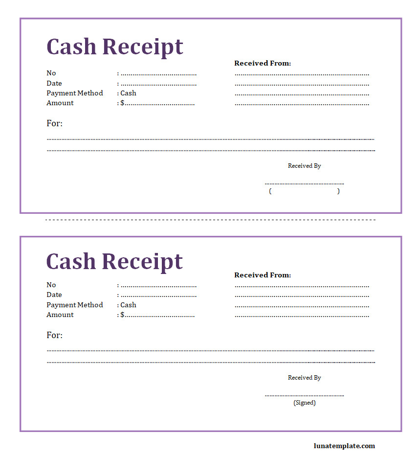 Professional cash receipt template featuring a clean layout with sections for seller information, buyer details, transaction date, and total amount received.
