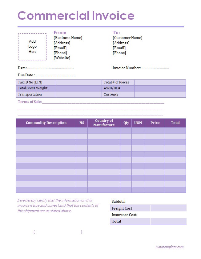 Commercial Invoice Template