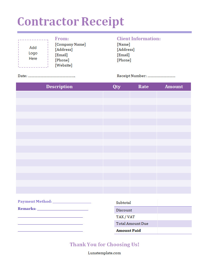 Professional contractor receipt template featuring a clean layout with sections for client information, project details, and a detailed list of services provided.