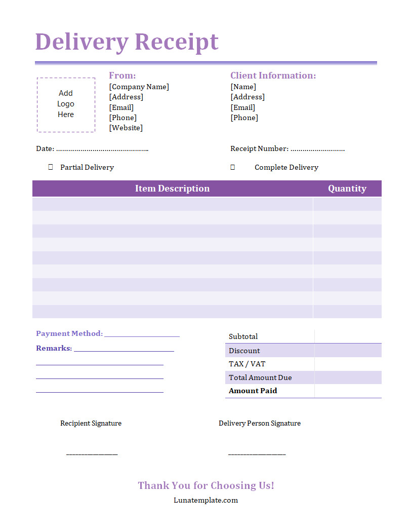 Professional delivery receipt template featuring a clean layout with sections for sender and recipient information, delivery date, and item descriptions.