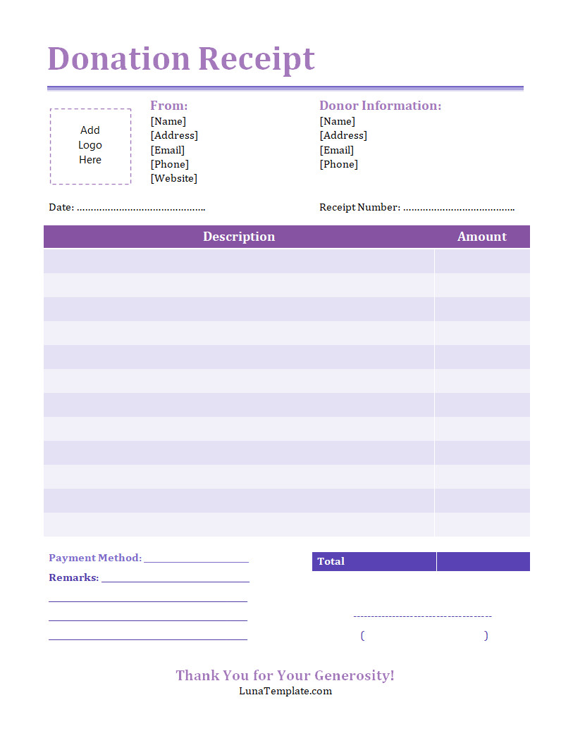 Professional donation receipt template featuring a clean layout with sections for donor information, donation amount, and date of contribution.