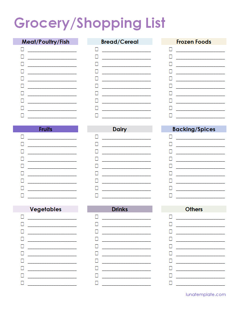 Simple grocery list template with clearly defined areas for item names, quantities, and checkboxes for easy tracking during shopping