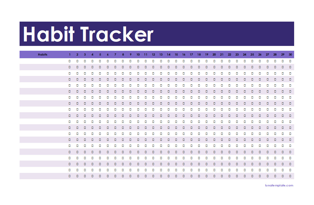 Habit tracker template featuring a grid layout with days of the month and spaces to mark completed habits.