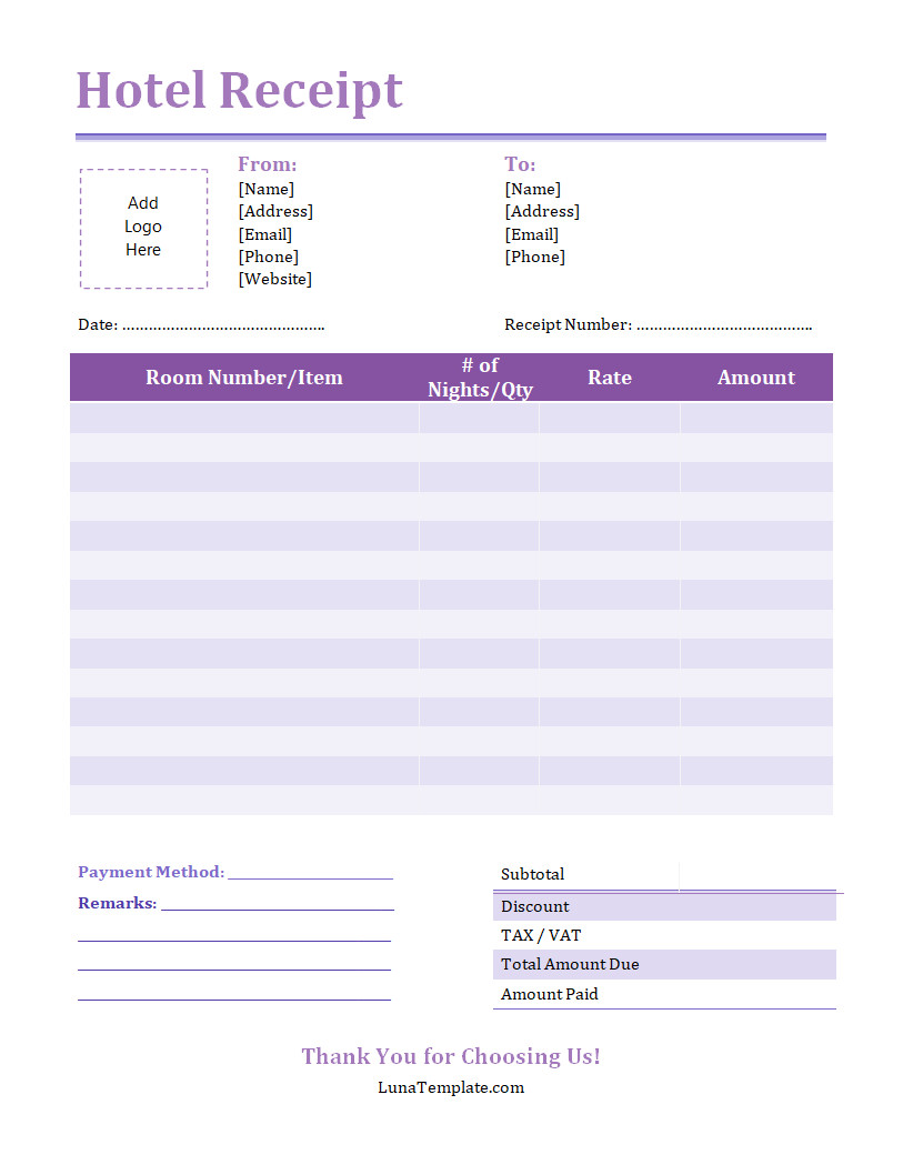 Organized hotel receipt template with clearly defined areas for itemized charges, including room rate, taxes, and additional fees for services used during the stay.