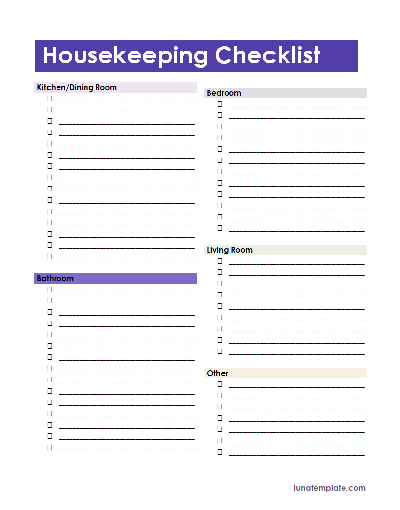 Organized housekeeping checklist template with clearly defined areas for specific rooms