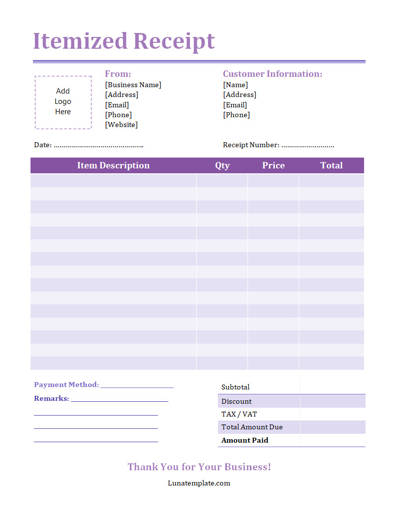 Professional itemized receipt template featuring a clean layout with sections for seller and buyer information, detailed item descriptions, quantities, and individual prices.