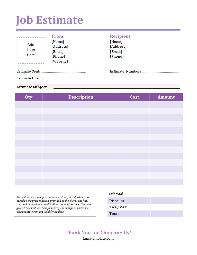 Job Estimate Template