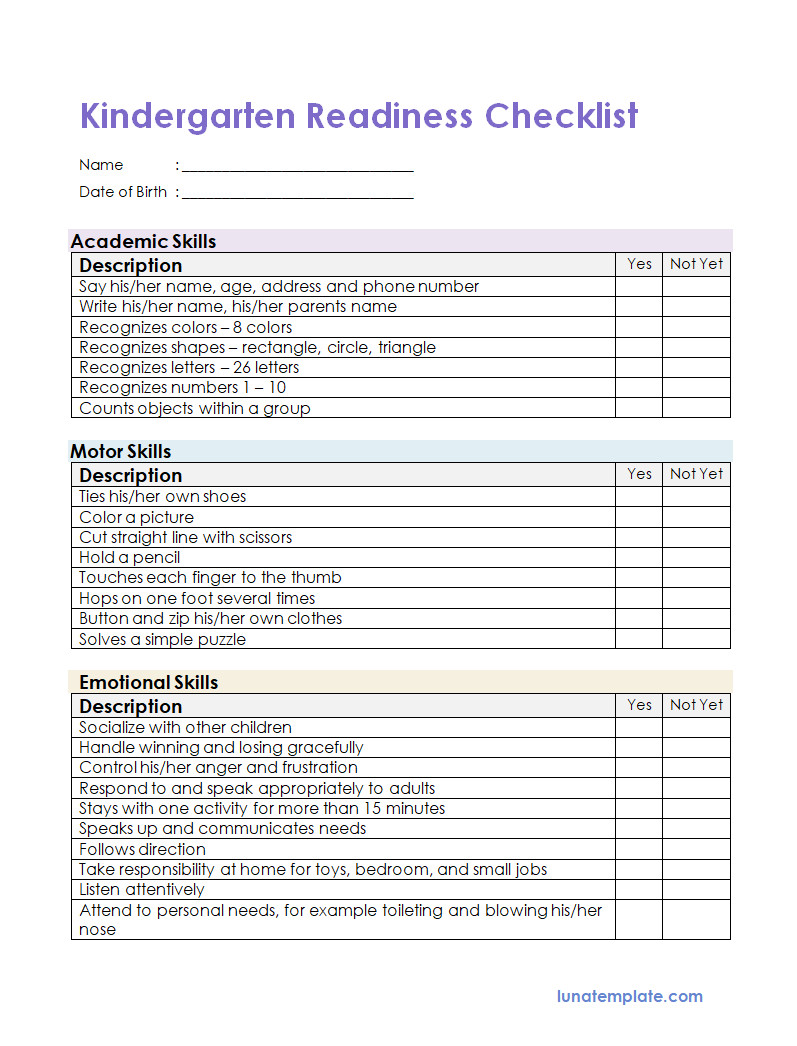 Comprehensive kindergarten readiness checklist template featuring a clean layout with sections for essential skills