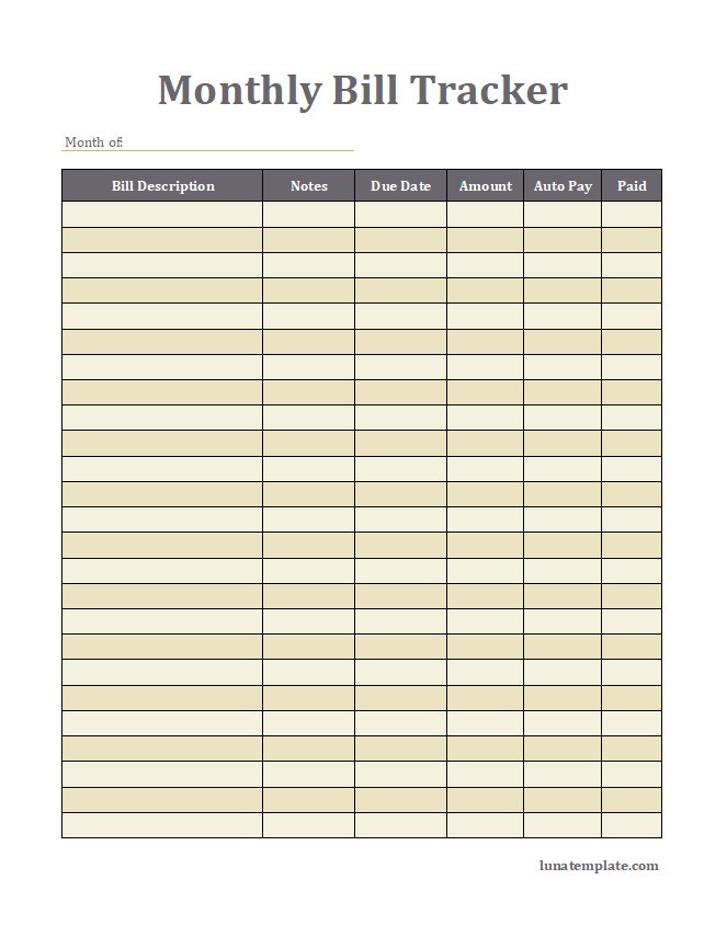 Monthly Bill Tracker Template