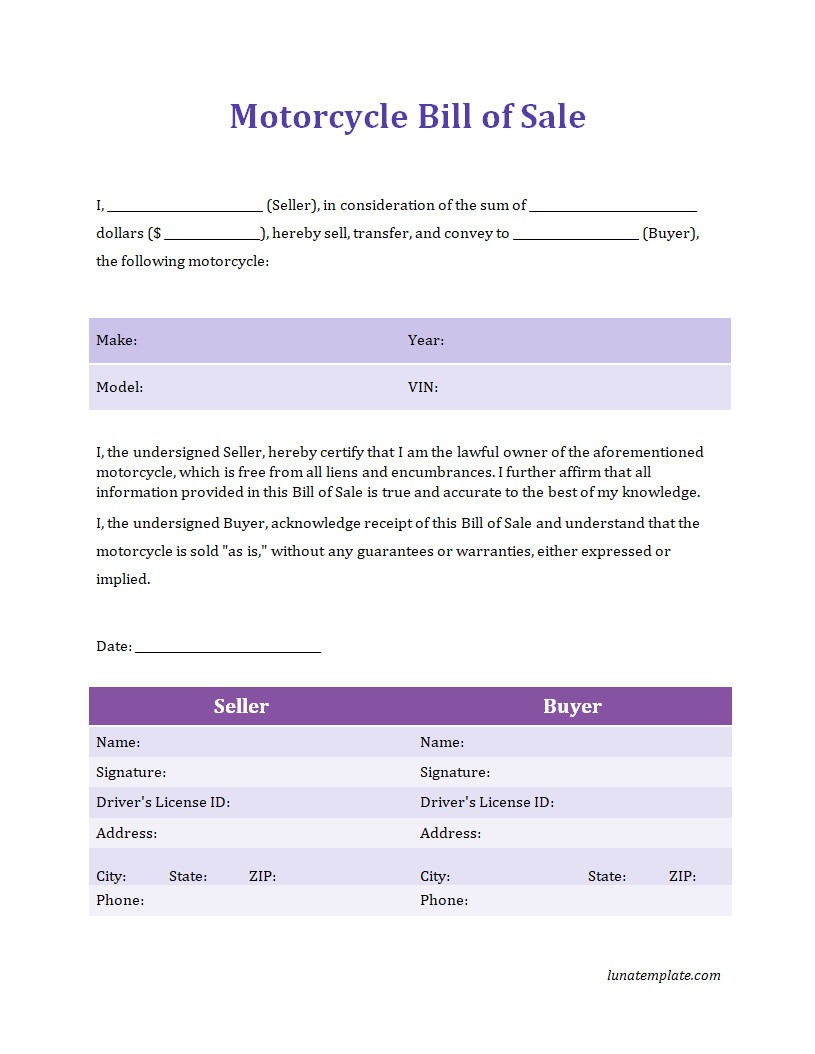 Motorcycle Bill of Sale Template Motorcycle Bill of Sale Template