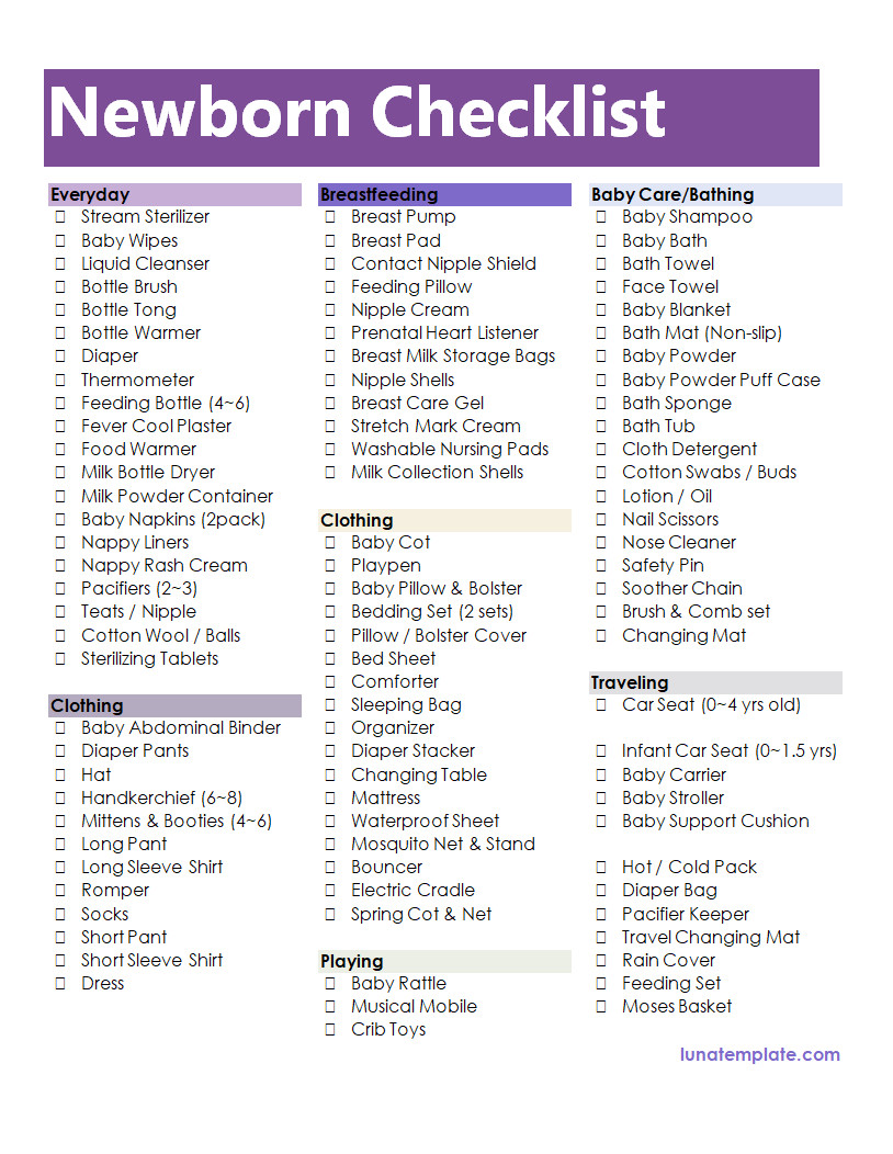 Newborn checklist template featuring organized sections for essential baby items