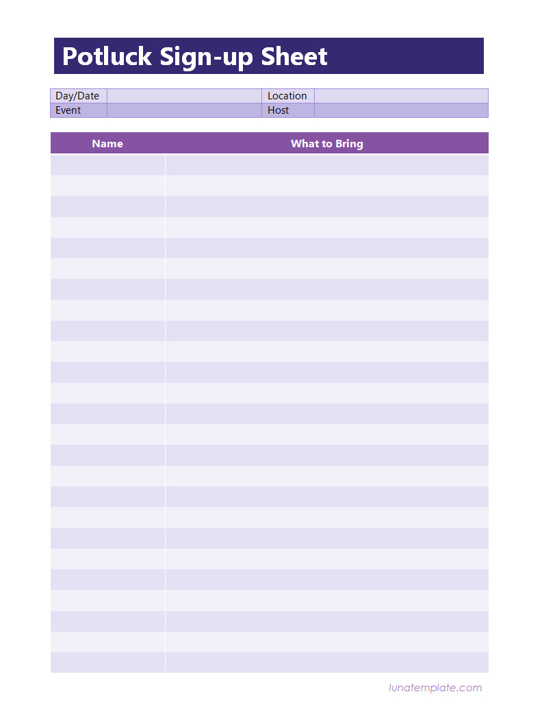 Simple potluck sign-up sheet template designed to track attendees and their assigned food items for the gathering.