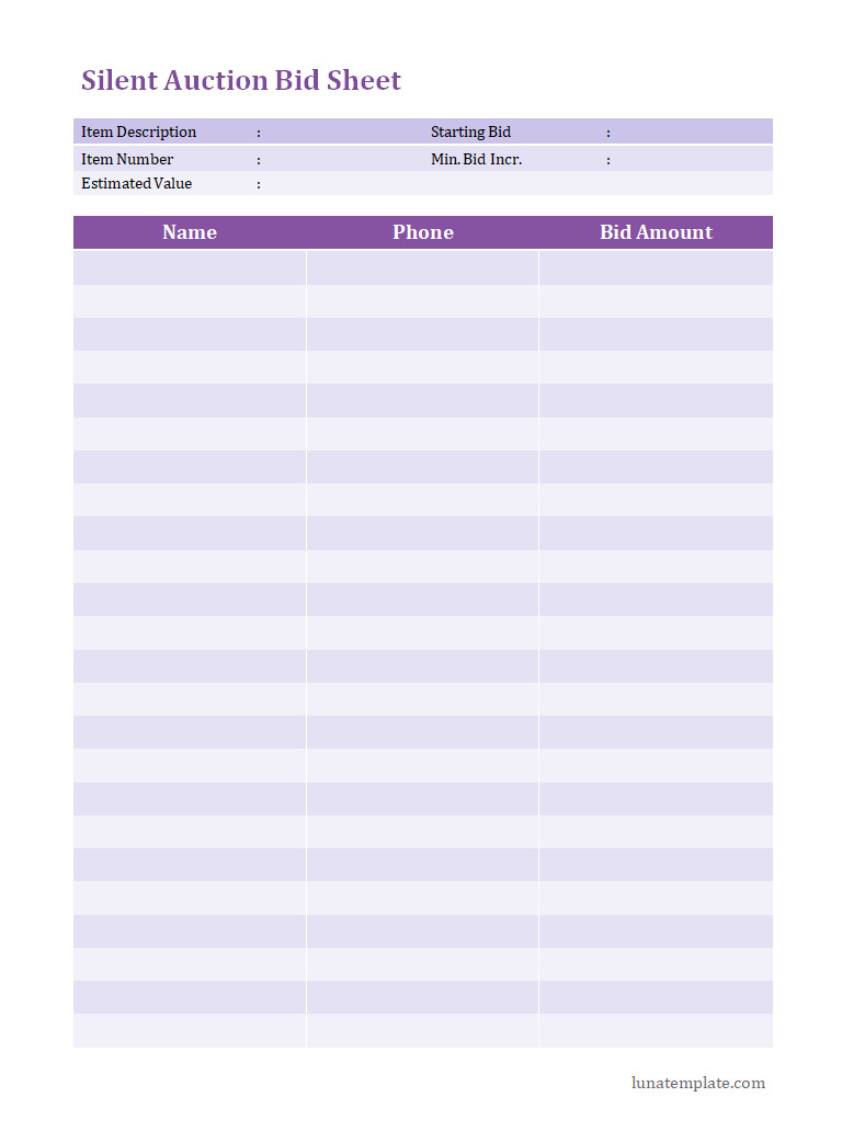 Silent auction bid sheet template featuring sections for item descriptions, starting bid, bid increments, and bidder details for tracking auction participation