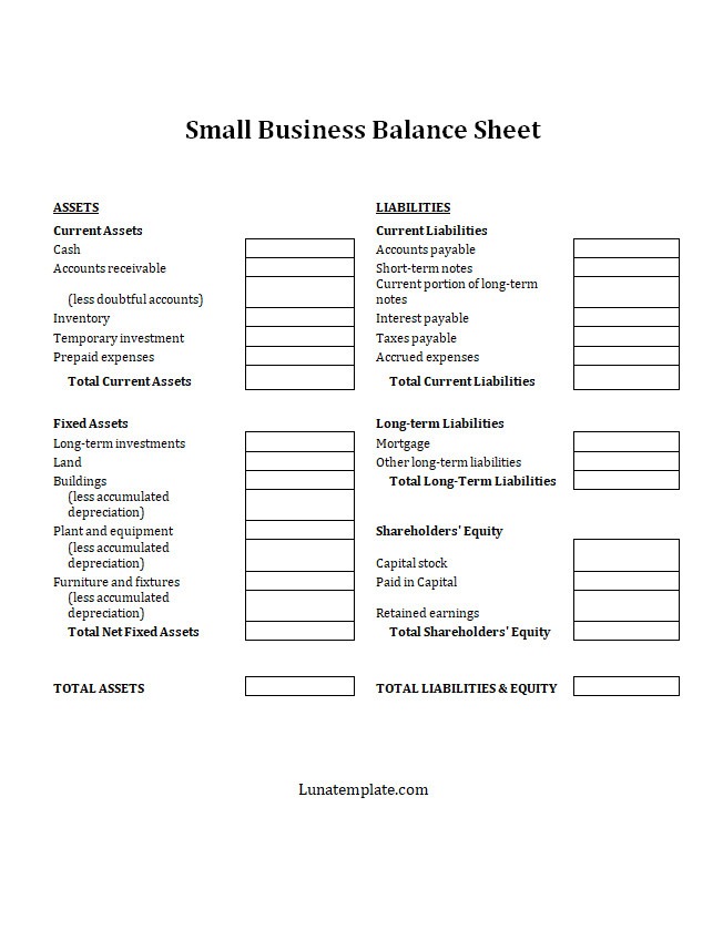 Small Business Balance Sheet Template
