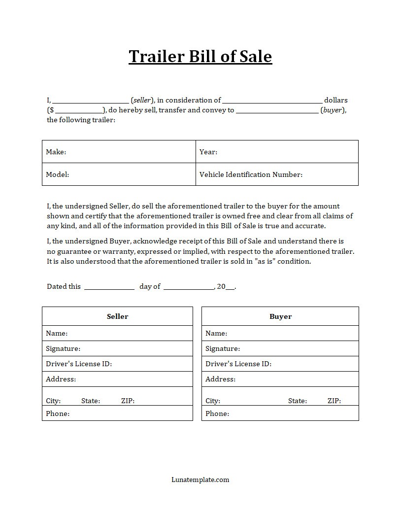 Trailer Bill of Sale Template Trailer Bill of Sale Template