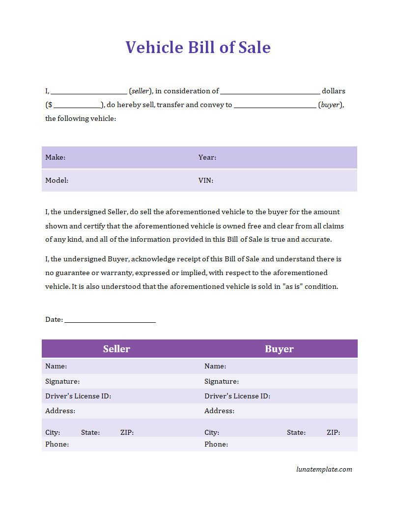 Vehicle bill of sale template featuring sections for seller and buyer information, vehicle details, and sale price for legal documentation.