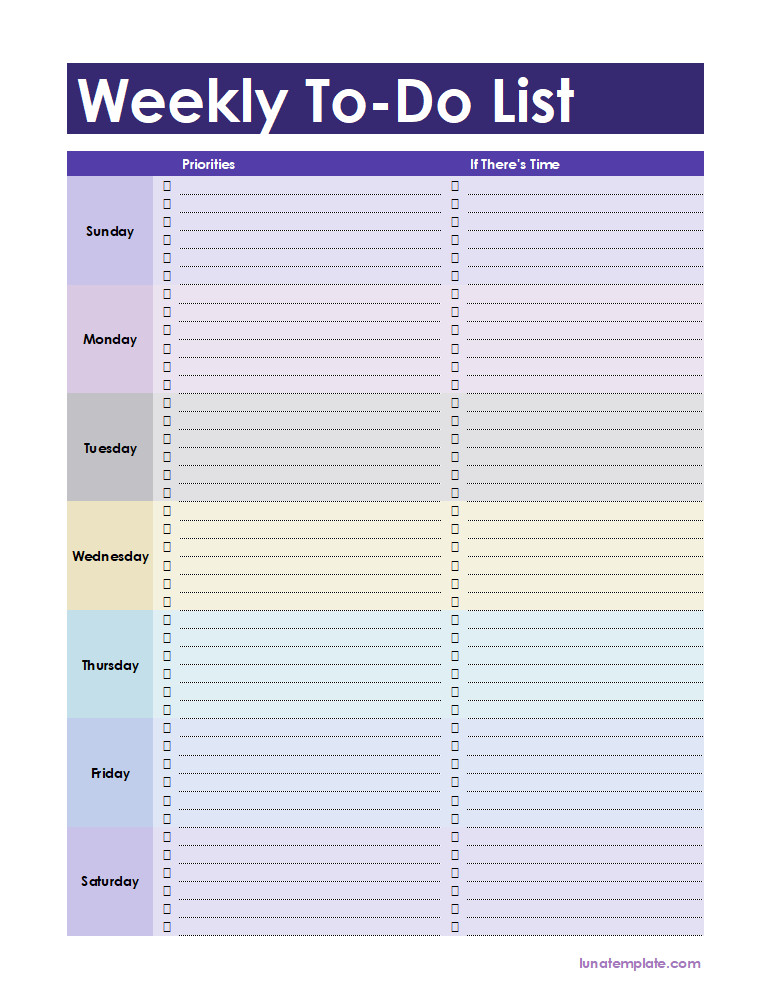 Weekly to-do list template featuring sections for each day of the week, organized with checkboxes for tracking task completion.